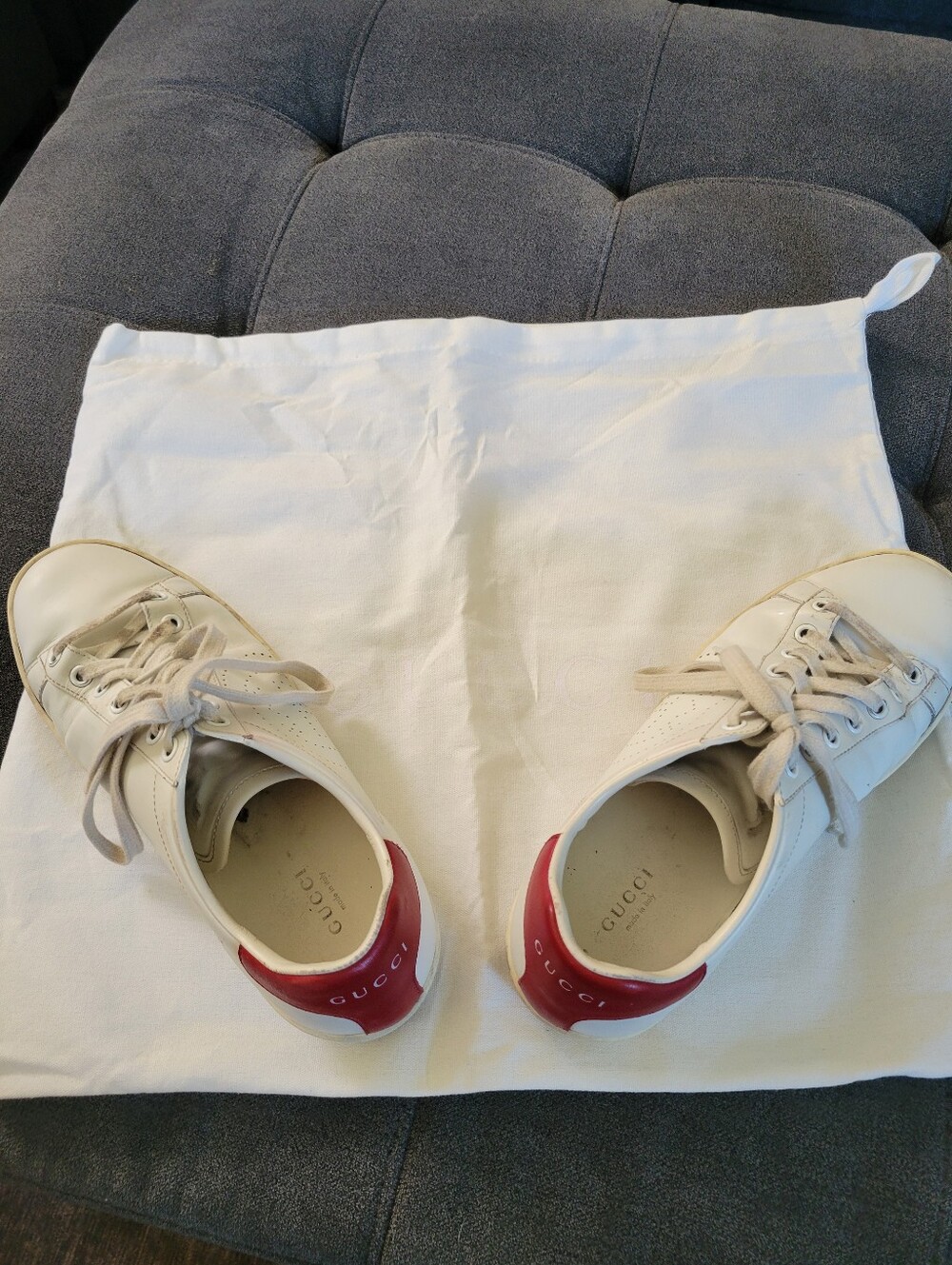 Gucci White Leather Sneakers with Red Heel Panels